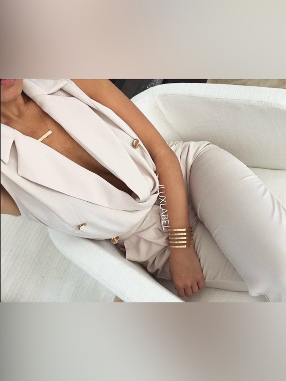 JLUXLABEL Cream Sleeveless Deep V Jumpsuit with Gold Buttons